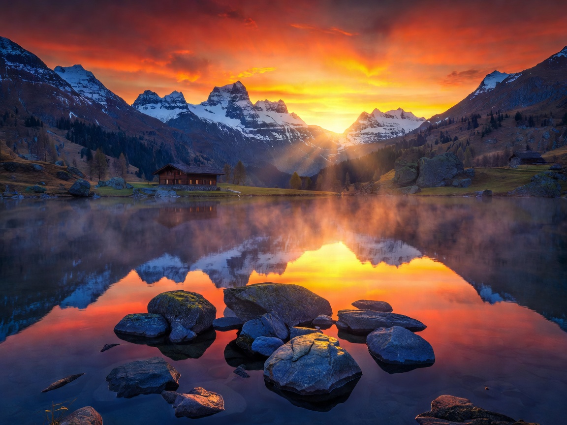 Dramatic mountain sunset over Swiss alpine lake