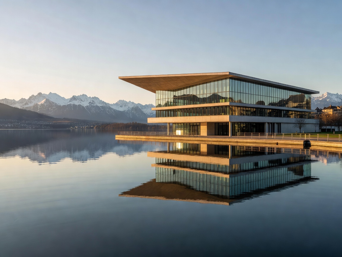 Lucerne KKL concert hall on the waterfront of Lake Lucerne with mountain reflections