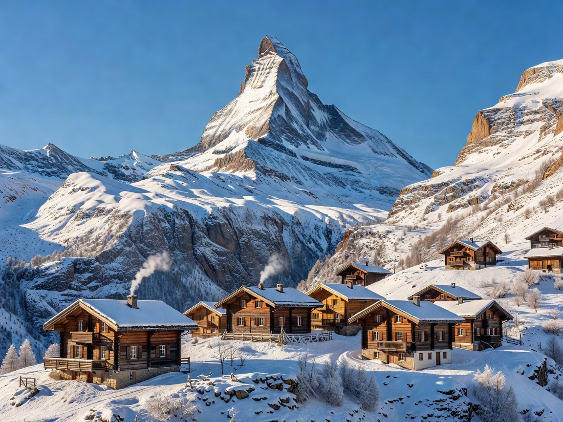 Matterhorn mountain peak towering over alpine wooden chalets in Zermatt