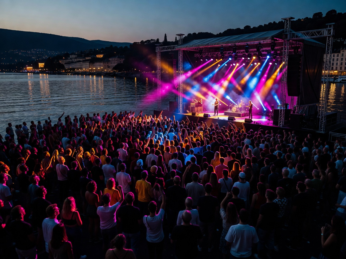 Montreux Jazz Festival Lake Geneva evening concert crowd with stage lights