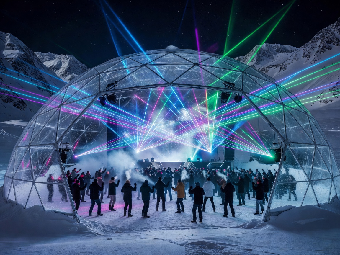 Polaris electronic music festival inside high alpine dome with laser lights over snow