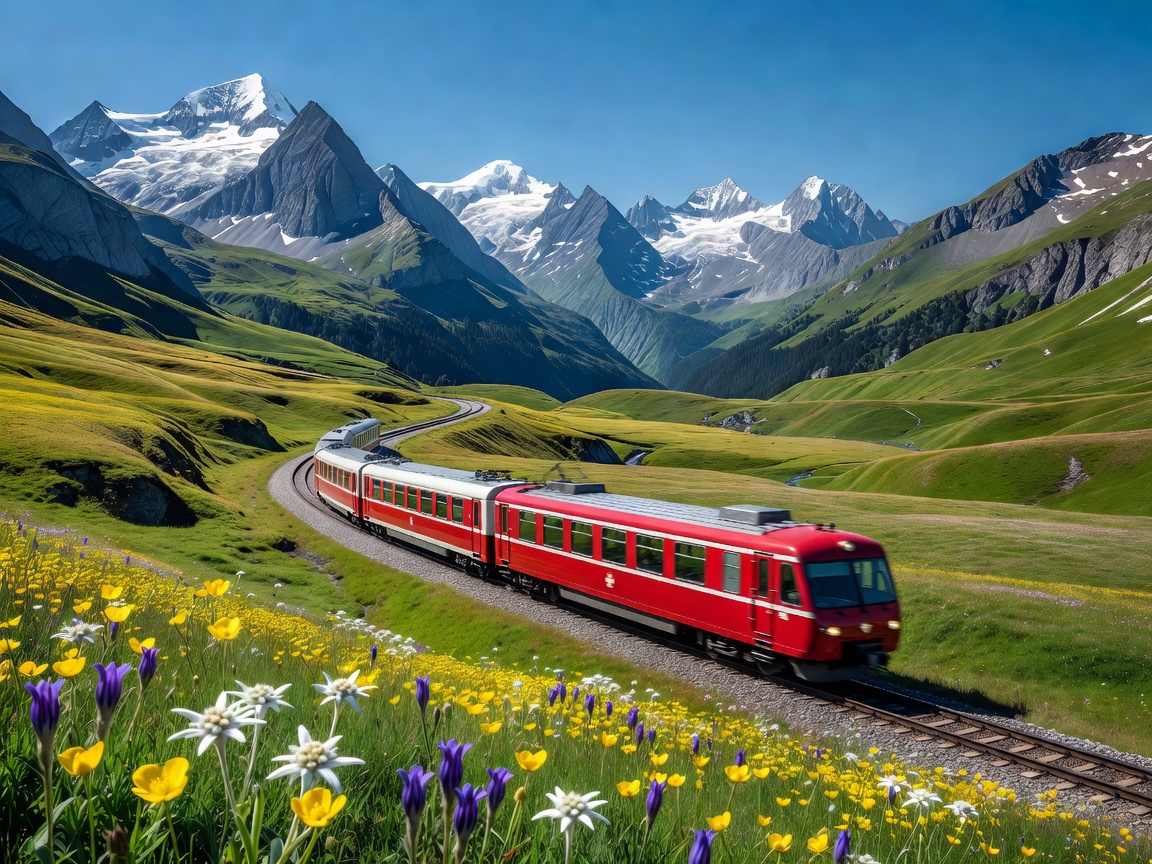 Scenic train moving through Swiss alpine meadows and mountains